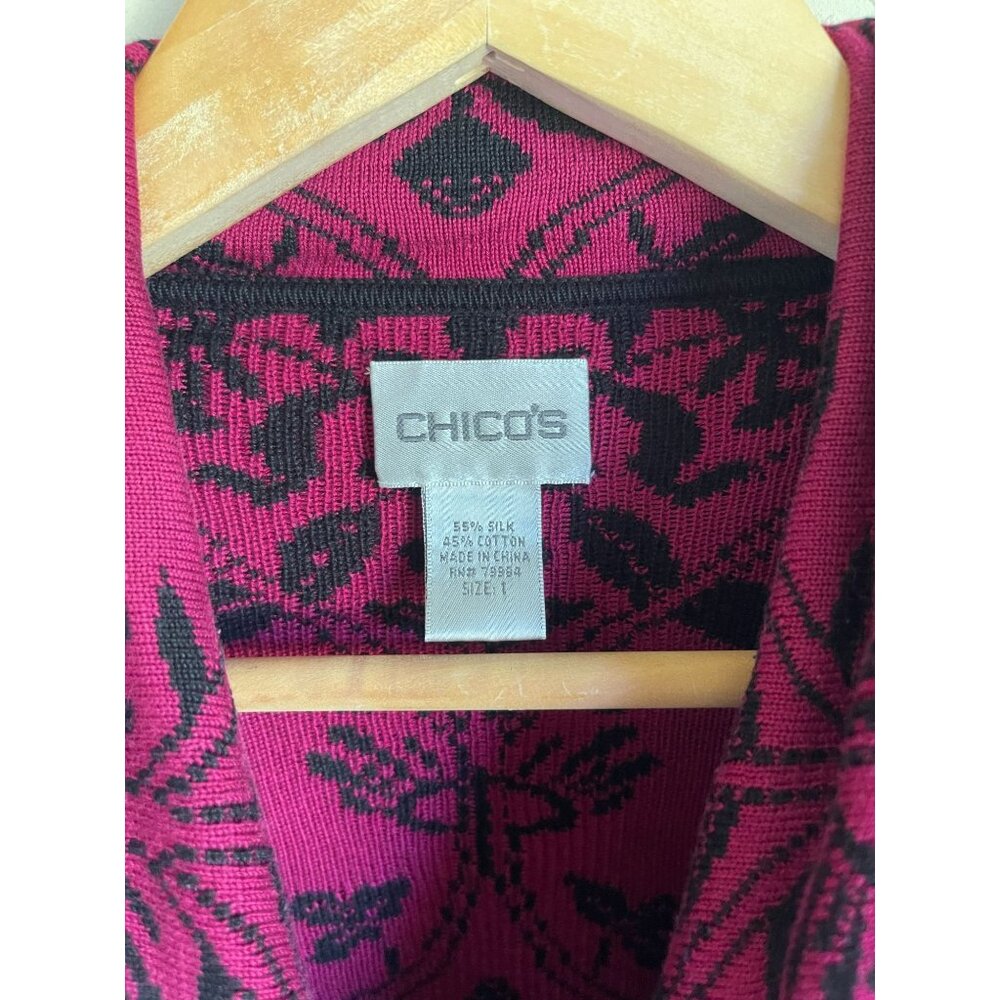 Chico's Size 1/Medium Pink Black Paisley Brocade Floral Full ZIp Knit Cardigan S - Picture 4 of 7